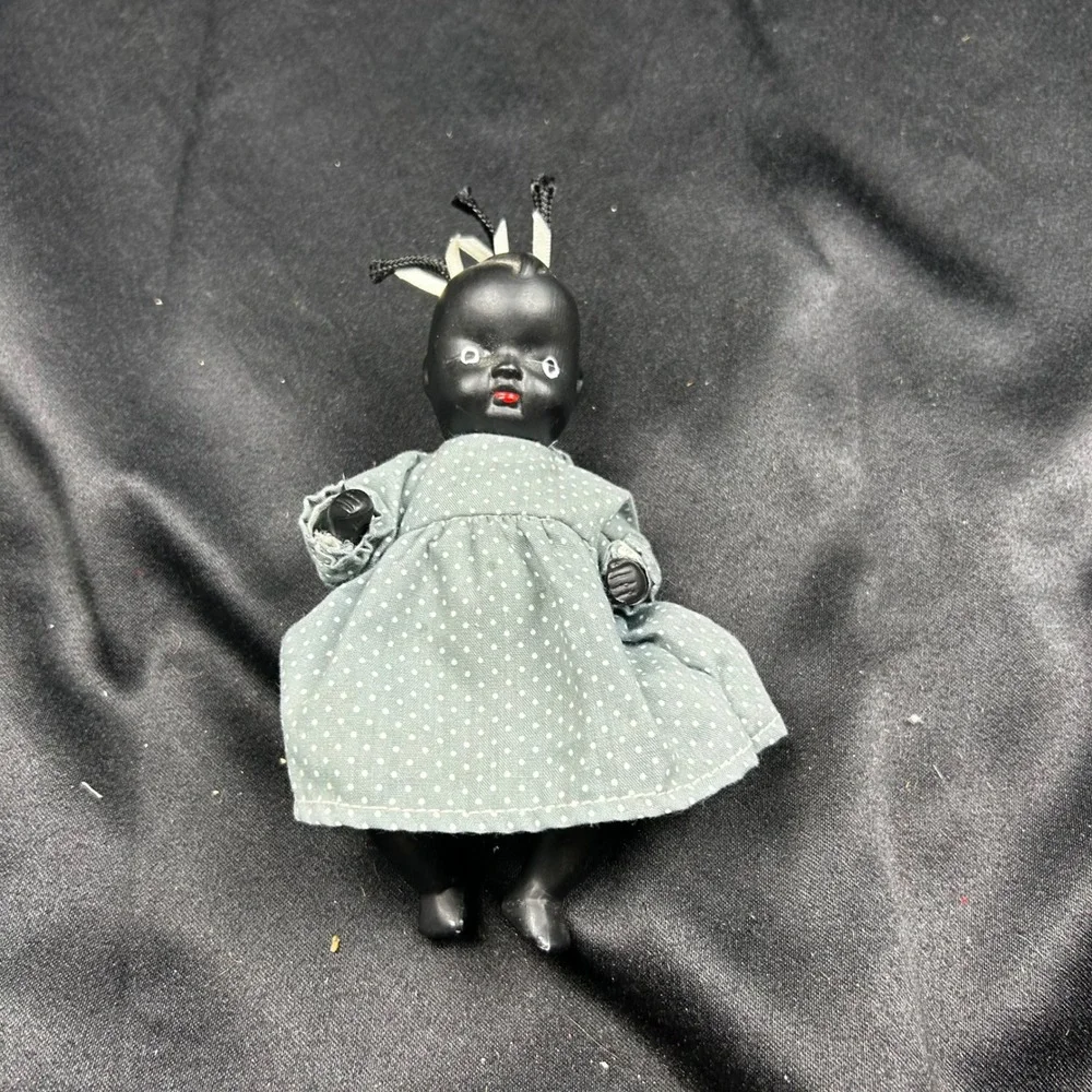 Antique Bisque Porcelain Miniature Doll Black Polka Dot Dress Vintage